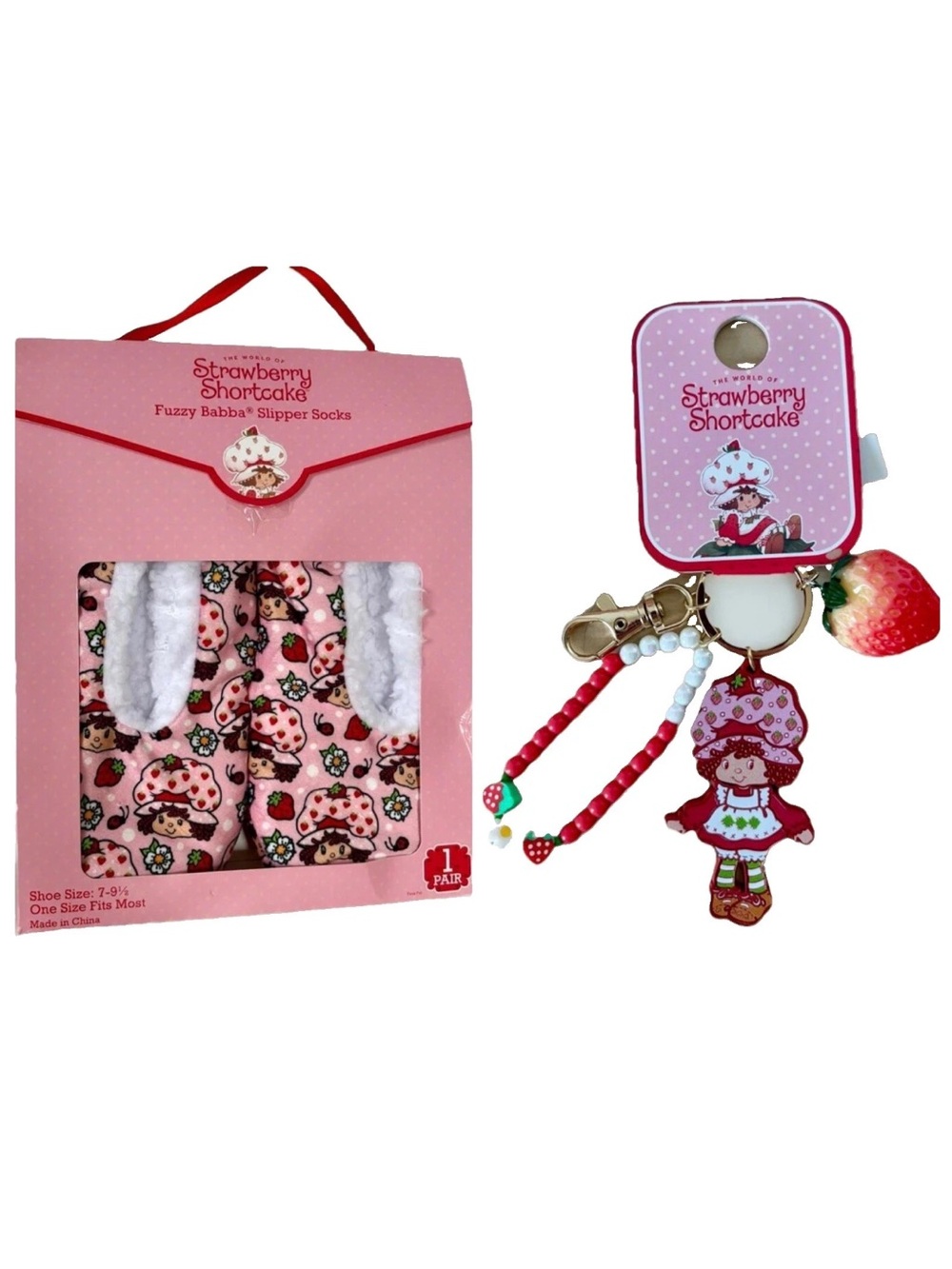 STRAWBERRY SHORTCAKE FUZZY BABBA Slipper Socks Keychain Bag Charm NWT WMNS 7-9.5
